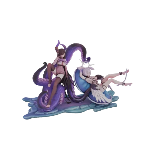 3D model render of an anime diorama featuring two female figures intertwined with large purple tentacles on a blue, watery ba