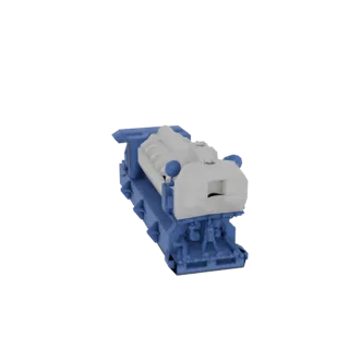 Modelo 3D de un motor diésel Wartsila 32, mostrado en azul y blanco, con intrincados detalles mecánicos.