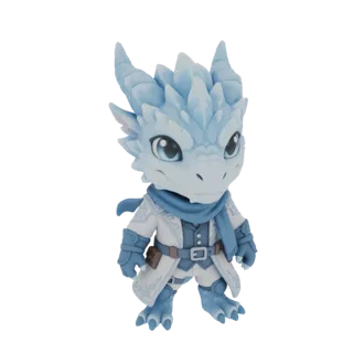 Un rendu 3D d'un mignon dragon de glace de style chibi portant un manteau d'érudit blanc et une écharpe bleue, debout sur un