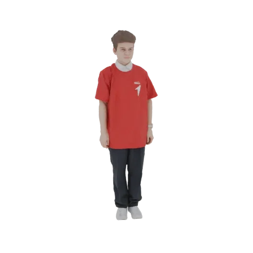 3D model of a young man with short brown hair, wearing a red t-shirt and dark pants, standing in a neutral pose.