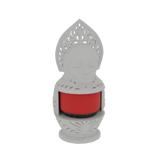 3D model of a white candle holder shaped like a Slavic woman with a traditional headdress and a red candle inside.