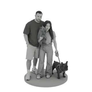 3D-Modell eines Mannes und einer Frau, die Frau hält eine Katze, ein Hund an der Leine zu ihren Füßen.