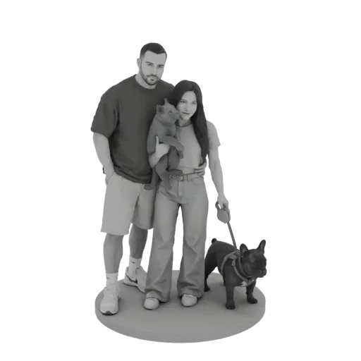 3D-Modell eines Mannes und einer Frau, die Frau hält eine Katze, ein Hund an der Leine zu ihren Füßen.