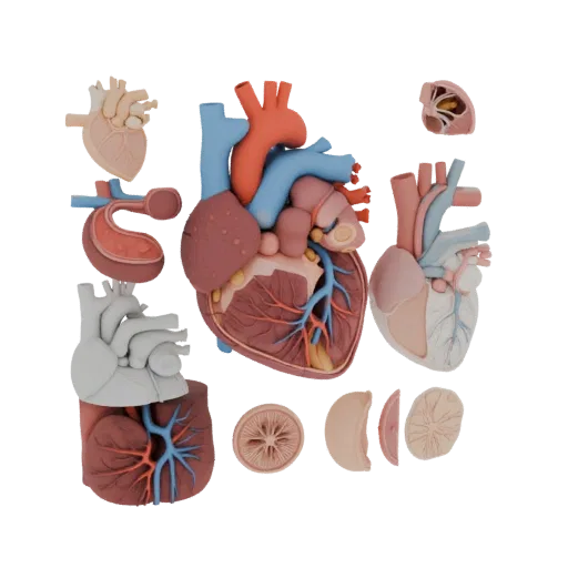 Vascular Heart Education 3D model, three-quarter training render, showing soft tissue colors, organ silhouette.
