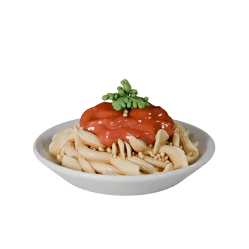 Street Food Pasta Plate 3D model, three-quarter front view, AR viewer studio render, showing sauces, plated composition.