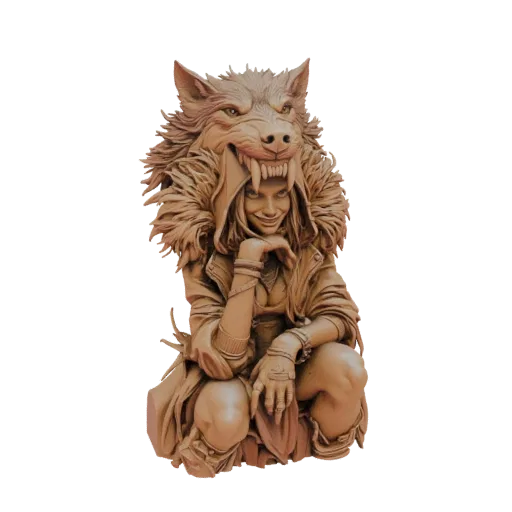 3D model of a crouching woman wearing a detailed wolf's head as a hood, with a sly smile.