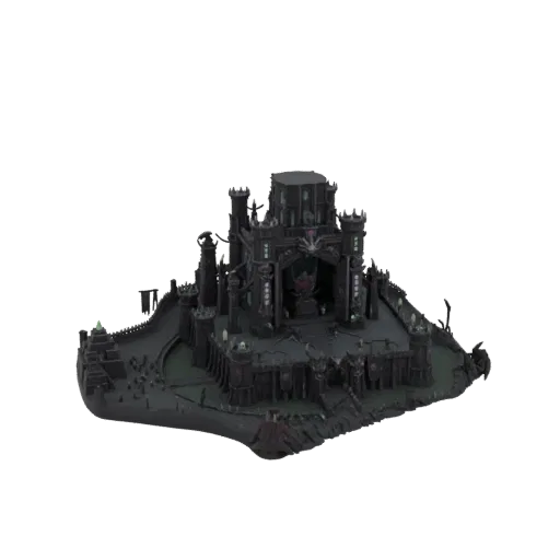 Rendering 3D di una fortezza cittadella oscura e gotica con torri alte, merlature e un mastio centrale, su sfondo bianco.
