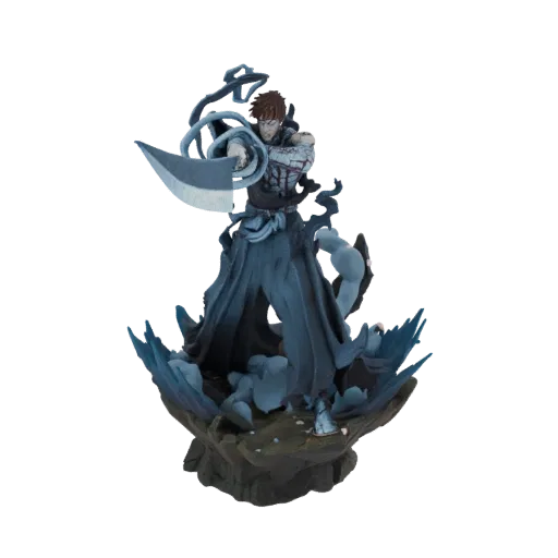 3D model of Ichigo Kurosaki in his Bankai form, wielding his sword with dark energy swirling around him.