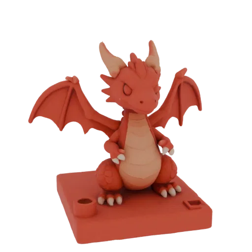 3D render of a cute, bright red dragon figurine with pointed horns and large wings, sitting on a square base with a small slo