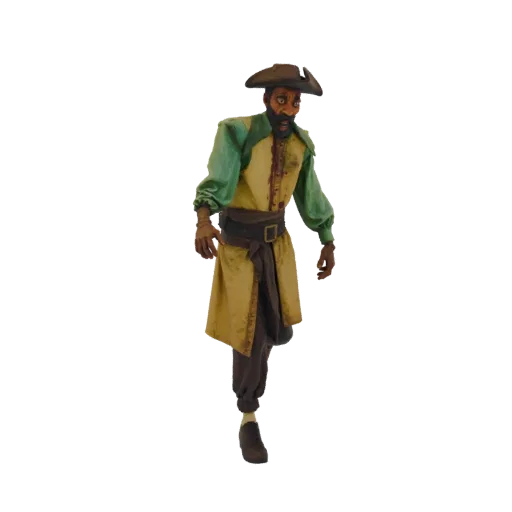 3D model of a weathered pirate captain with a tricorn hat, tattered coat, and a stern expression.