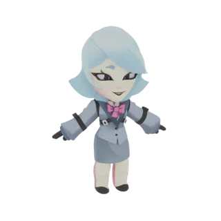 A 3D render of a cute Chibi Businesswoman character wearing a light blue suit and pink bow tie, with light blue hair.
