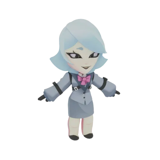 A 3D render of a cute Chibi Businesswoman character wearing a light blue suit and pink bow tie, with light blue hair.