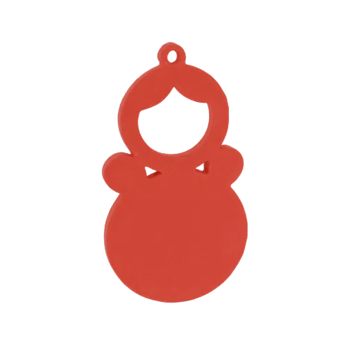 3D model of a flat, red doll charm with a loop at the top, featuring a simple silhouette and hairstyle.