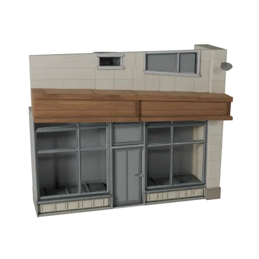Storefront Facade realistic 3D model, three-quarter exterior view, showing building facade materials and architectural detail