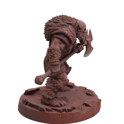 Miniatura STL Goblin Barbaro Dark Fantasy, rendering da tavolo a tre quarti, miniatura nemica stampabile in resina con ascia,