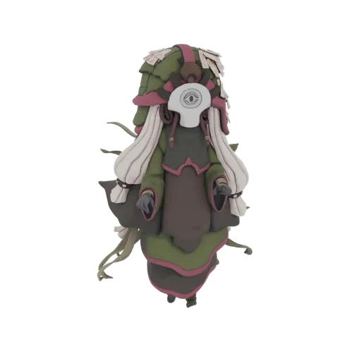 3D model of a mysterious figure with a white mask featuring an eye, wearing layered green and pink attire, with organic-looki