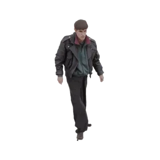 3D model of a man wearing a dark leather jacket, teal t-shirt, and dark cap, in a walking pose.