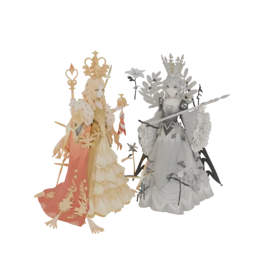 3D model of two royal figures, a Golden Queen in a coral-pink and gold gown and a Silver Queen in a white and silver floral d