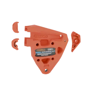 3D-Modell eines orangefarbenen WKD Spider 4 Klettergriffs, mit separaten Komponenten um das Hauptstück herum gezeigt.