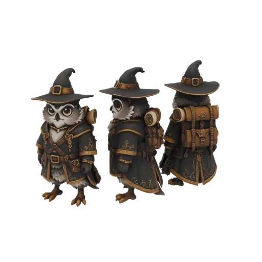 Modello 3D di un saggio personaggio gufo vestito da mago, con cappello a punta, vesti ornate e zaino, mostrato da diverse ang