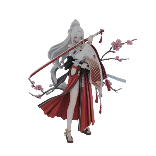 3D model of an elegant samurai girl with white hair, holding a katana, wearing a red and white outfit, with cherry blossoms a