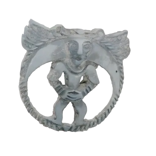 3D render of a stylized winged humanoid figure inside a circular, toothed frame, presented on a black background.