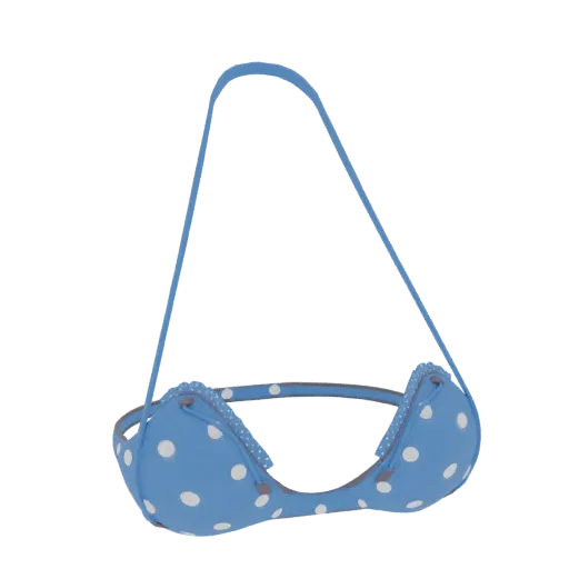 3D model of a blue bikini top with white polka dots, shown from the front with straps extended.