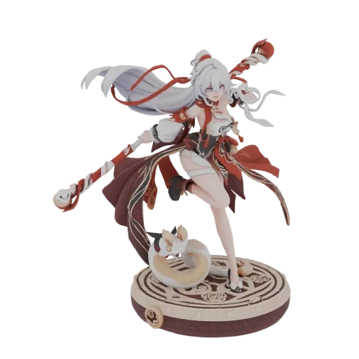 3D model of an anime sorceress with white hair, red and black outfit, holding a staff, with a small creature on a circular ba