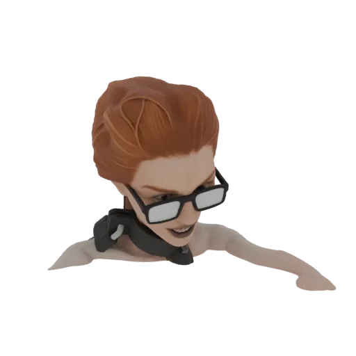 3D model render of a stylized cyberpunk scientist with red hair, glasses, and a futuristic collar, looking intently forward.