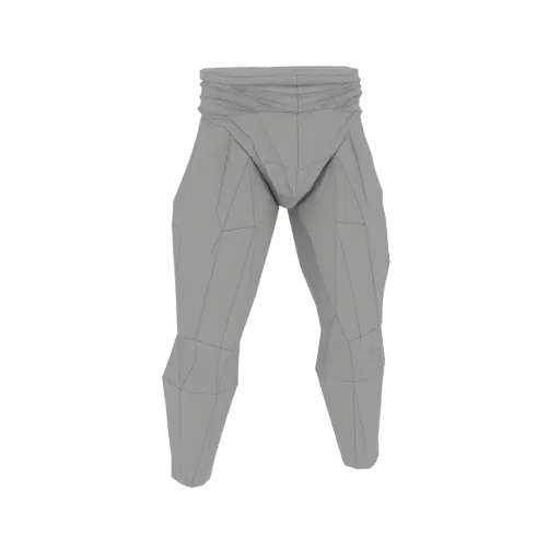 Un modelo 3D gris, low-poly de piernas masculinas musculosas, visto de frente, sobre un fondo blanco.