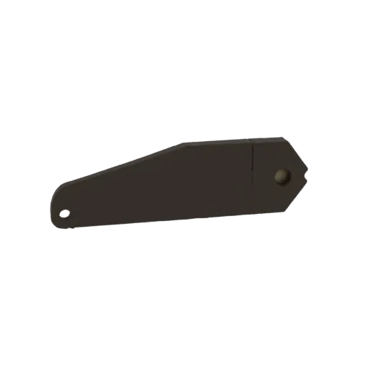 Um suporte industrial escuro e angular com um único furo de montagem, apresentado como um modelo 3D.
