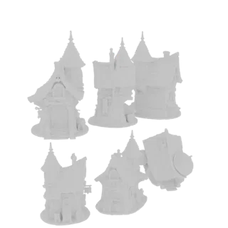 Um conjunto de cinco modelos 3D brancos de casas de vila fantástica caprichosa com arquitetura estilizada única e telhados po