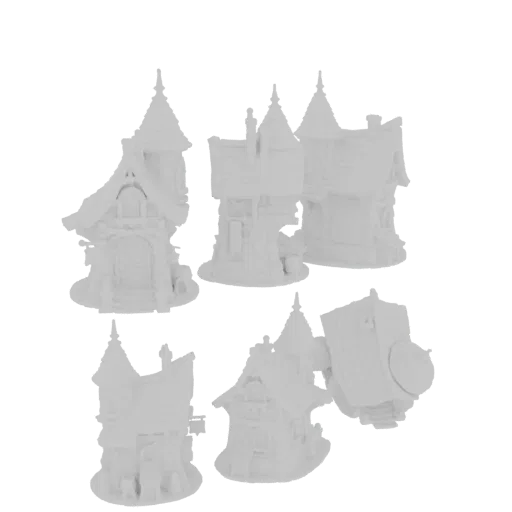 Un set di cinque modelli 3D bianchi di case di villaggio fantasy allegre con architettura unica e stilizzata e tetti a punta.