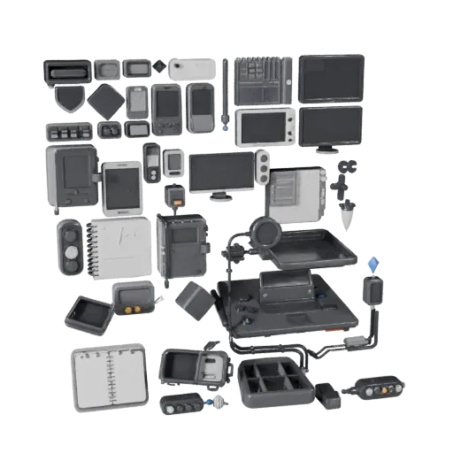 Corporate Notebook Stylized 3D model, stylized isometric render, showing plastic, desk-scale silhouettes.