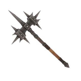 3D model of a medieval spiked flail mace with a sharp, pointed head and a wooden handle, set against a white background.