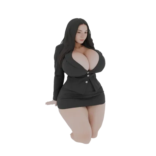 3D model of a businesswoman kneeling in a black suit, with long dark hair and a professional demeanor.