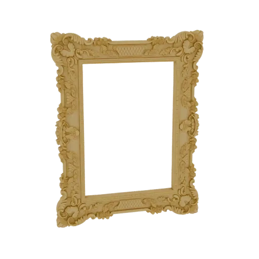 A detailed 3D model of an ornate, carved Baroque picture frame with intricate floral and scrollwork details, presented on a w