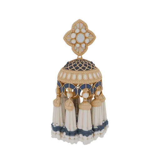 3D model of an ornate tassel earring with gold, blue, and white enamel details and cream tassels.