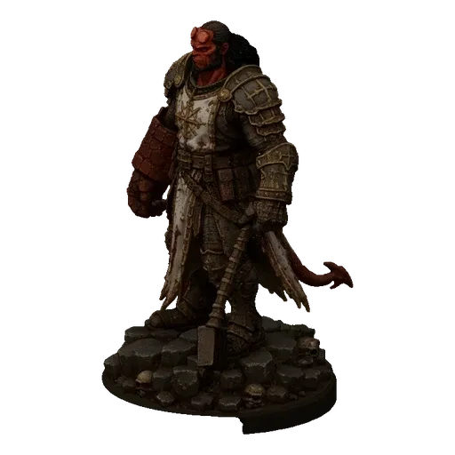 3D model render of Hellboy as a knight, wearing ornate armor and holding a large hammer, standing on a rocky base.