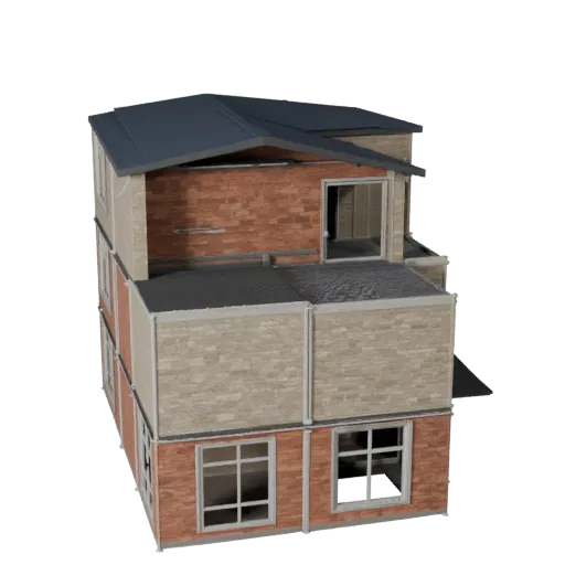 Modular House Kit realistic 3D model, three-quarter exterior view, showing modular building kit materials and architectural detail
