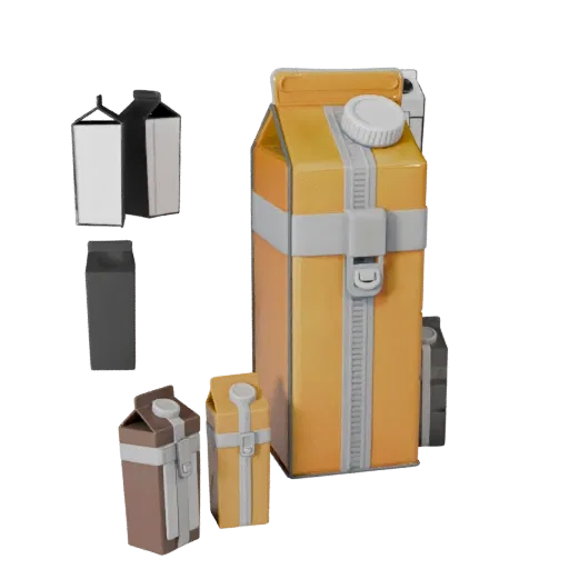 Bagged Milk Carton Stylized 3D model, stylized isometric render, showing cardboard, package massing.