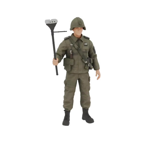 3D model of a sapper figurine in military uniform with a mine detector, standing full height