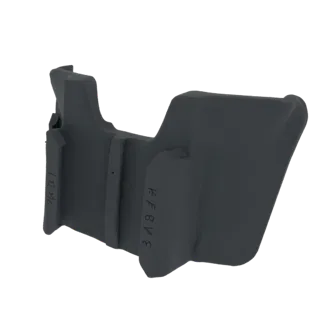 3D model of a dark gray industrial part with visible engraved markings, presented against a white background.