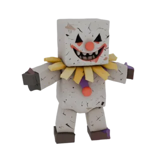 Um modelo 3D de palhaço bobo bloqueado assustador com rosto branco rachado, tinta vermelha, dentes afiados e uma gola de bobo