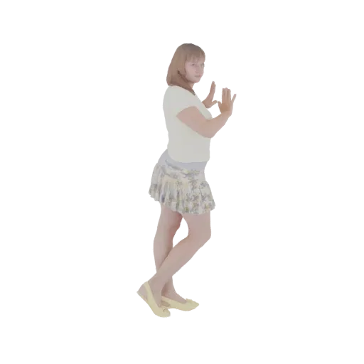 3D-Modell einer Frau mit braunen Haaren, die ein weißes T-Shirt und einen kurzen Blumenrock trägt und die Hände nach vorne st