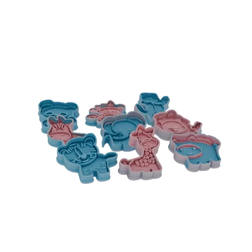 3D model of a set of cute blue and pink animal-shaped cookie cutters, including a tiger, giraffe, and elephant.