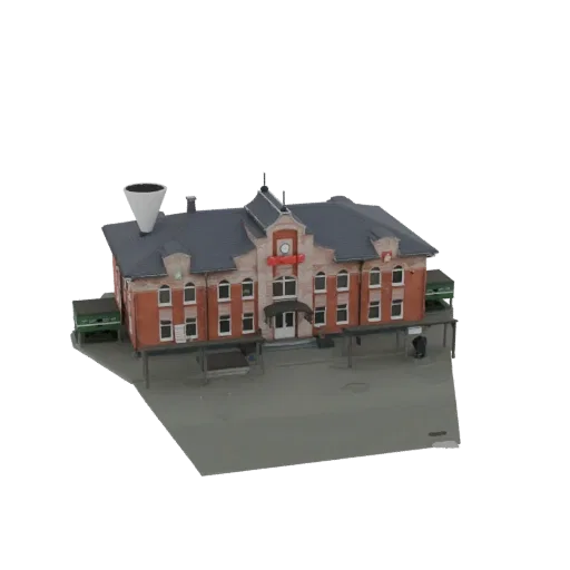 3D model of a classic red brick train station with a central clock tower and covered platforms, set against a dark background