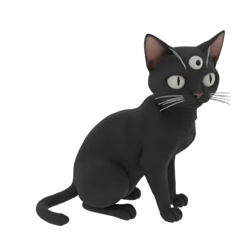 3D model of a demonic black cat with three eyes, in a posed stance, with white whiskers and eyes.