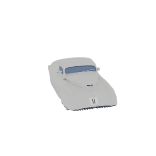 3D model of a white, streamlined 1930s race car with a blue windshield and the number 11 on the front.