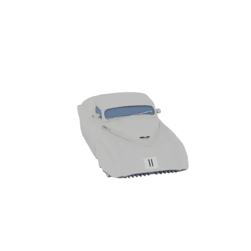 3D model of a white, streamlined 1930s race car with a blue windshield and the number 11 on the front.
